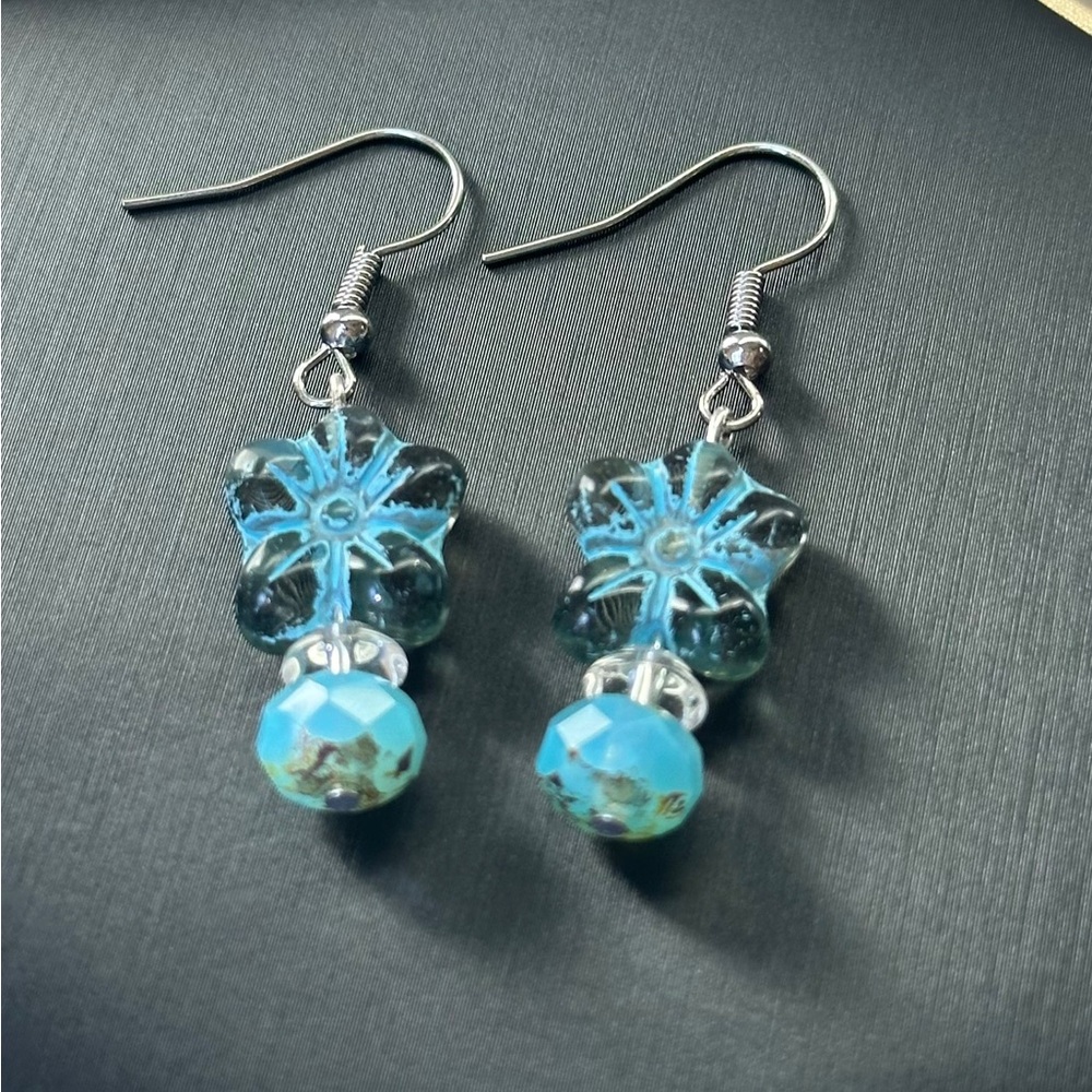 Handcrafted Czech Glass Flower Dangle Earrings with Clear Quartz